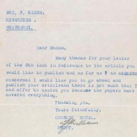 Letter from the Proprietor of the Opononi Hotel to Mrs F. Keene giving permission to publish article