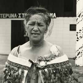 Ani Wihone QSM Wearing her Korowai or Feather Cloak